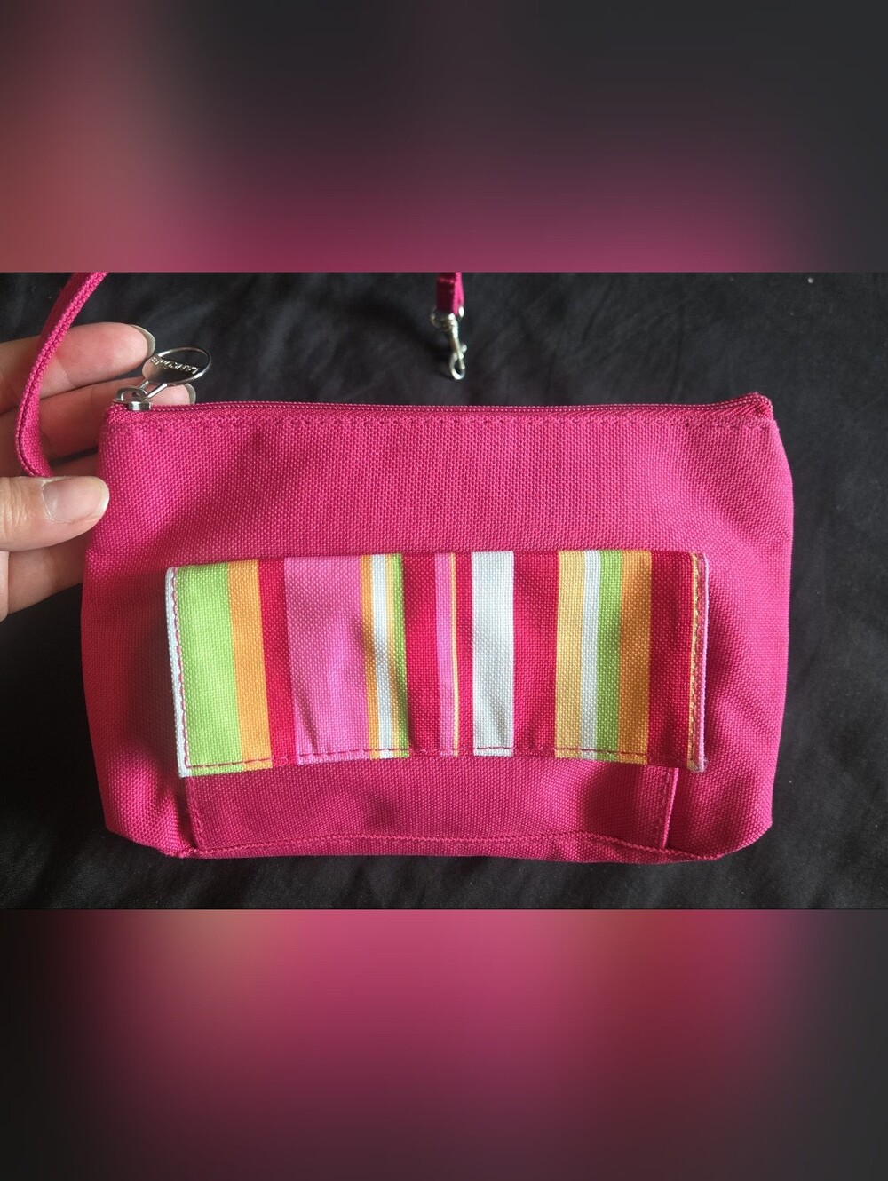 Lancome Hot Pink Wristlet Clutch/ Travelbag with Multicolor Stripe Accent